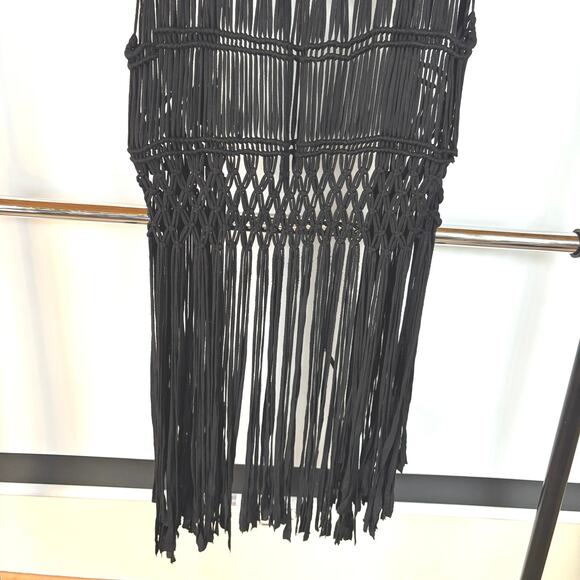 Festival Beach Crochet Black Coverup Western Boho Long Fringe Knot Open Knit Top - Picture 4 of 8